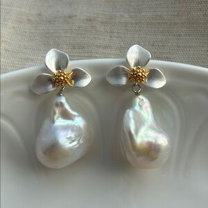 Floral Pearl Drop Earrings in Silver and Gold